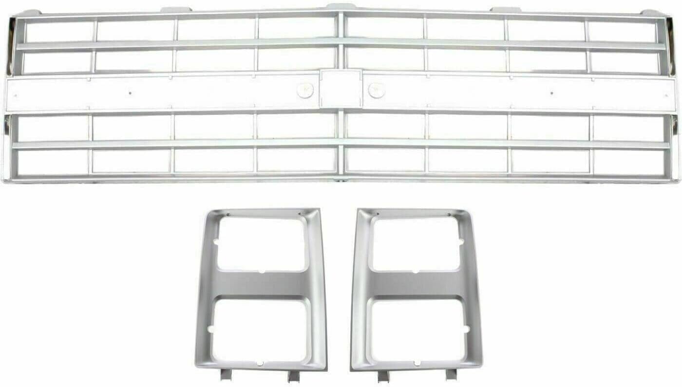 Front Bumper Chrome Without Impact Strip + Grille Silver Shell And Insert + Headlamp Bezels Right & Left Side Direct Replacement Compatible With Chevrolet/GMC C/K-Series 1985-1987