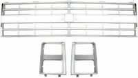 Front Bumper Chrome Without Impact Strip + Grille Silver Shell And Insert + Headlamp Bezels Right & Left Side Direct Replacement Compatible With Chevrolet/GMC C/K-Series 1985-1987