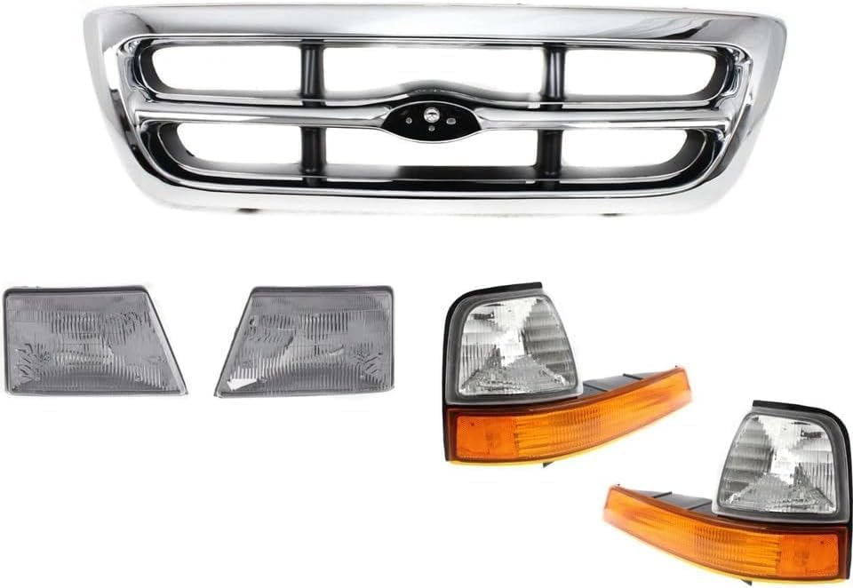 Front Grille Chrome Shell & Insert + Header Panel Thermoplastic And Fiberglass + Headlights + Corner Lamps Left & Right Side Direct Replacement Compatible With 1998-2000 Ford Ranger
