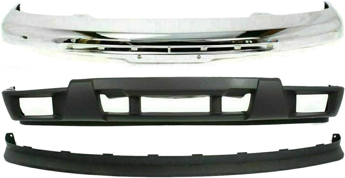 AUTOS PARTS PLUS Front Bumper Impact Bar Chrome Steel + Lower Valance With Fog Light Holes + Extension Textured Direct Replacement Compatible With 2004-2012 Chevrolet Colorado/GMC Canyon GM1092183