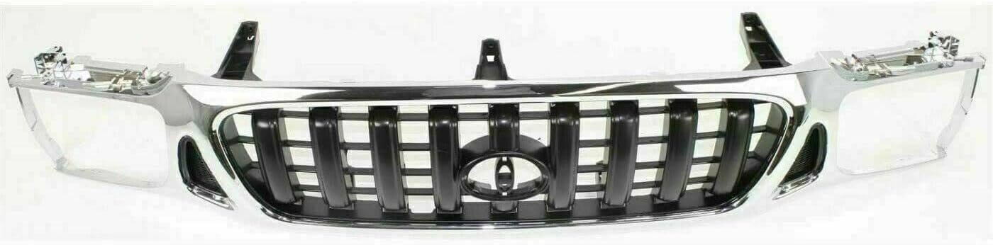 Front Bumper Steel + Grille Chrome Shell With Painted Dark Gray Insert + Filler + Lower Valance Panel Direct Replacement Compatible With Toyota Tacoma 2001-2004 TO1095196