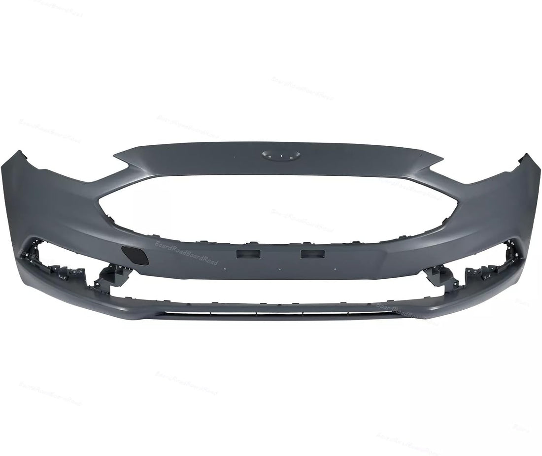 Front Bumper Cover Primed + Upper Grille Textured With Chrome Trim + Head Lights Left Driver And Right Passenger Side Direct Replacement Compatible With 2017-2018 Ford Fusion