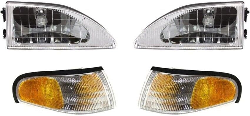AUTOS PARTS PLUS Front Headlights Assembly + Corner Lamp Right Passenger & Left Driver Side Direct Replacement Compatible With 1994-1998 Ford Mustang FO2503161 FO2502161 FO2520125 FO2521125
