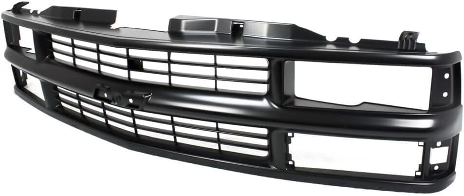 Front Grille Primed Shell & Cross Bar Insert With Dual Beam Headlamp + Bumper Center Filler Direct Replacement Compatible With 1994-2000 Chevrolet / 1994-1999 Suburban C-K Series