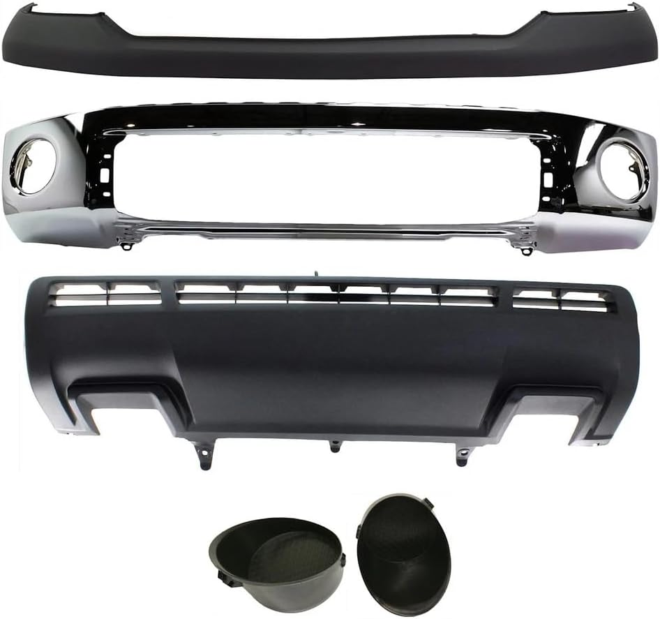 Front Bumper Face Bar Chrome Steel + Upper Cover + Lower Valance Panel + Fog Lamp Covers Left Driver & Right Passenger Side Direct Replacement Compatible With 2010-2013 Toyota Tundra