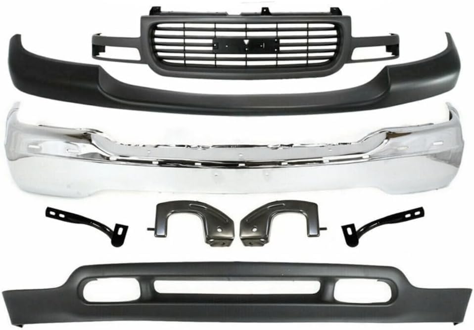 AUTOS PARTS PLUS Front Bumper Chrome + Grille + Upper Cover + Lower Valance Primed + Outer Brace Brackets Direct Replacement Compatible With 1999-2002 GMC Sierra / 2000-2006 Yukon 1500 2500