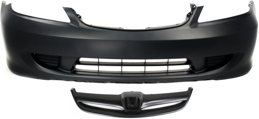 Front Bumper Cover Primed + Grille Painted Black Shell & Insert Direct Replacement Compatible With 2004-2005 Honda Civic HO1000216 HO1200164 04711S5AA91ZZ 71122S5AA00ZB