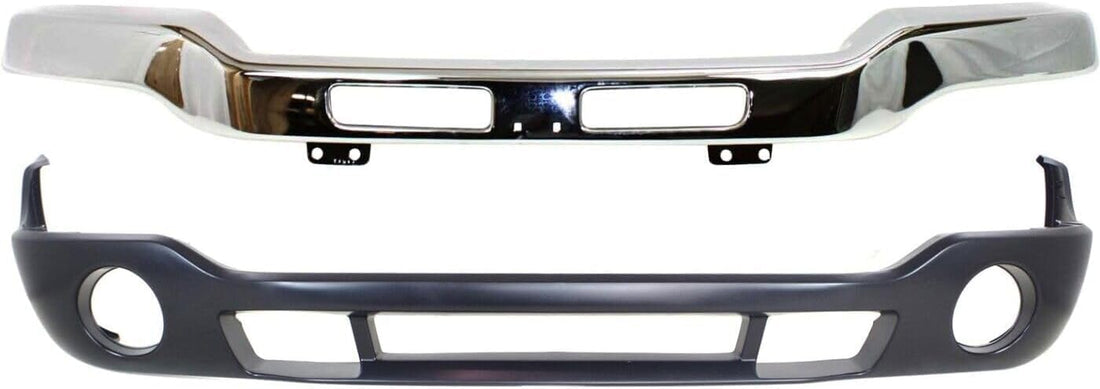 Front Bumper Chrome Steel Without Brackets + Lower Valance Primed With Fog Light Holes Direct Replacement Compatible With GMC Sierra 1500 2500HD 3500 2003-2006 GM1002418 GM1000684