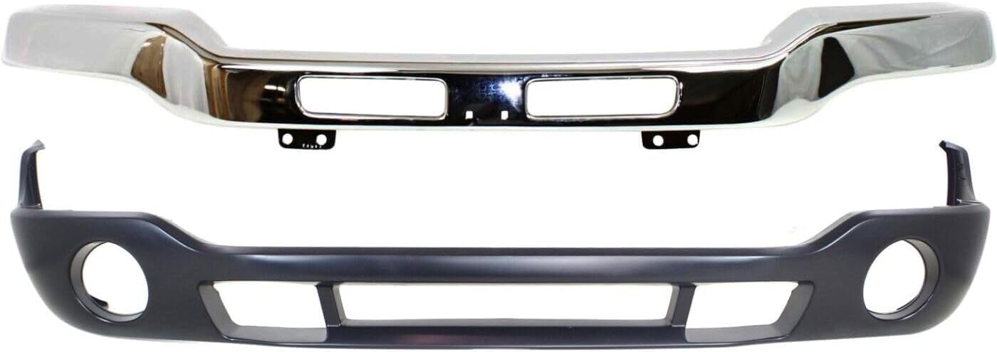 Front Bumper Chrome Steel Without Brackets + Lower Valance Primed With Fog Light Holes Direct Replacement Compatible With GMC Sierra 1500 2500HD 3500 2003-2006 GM1002418 GM1000684