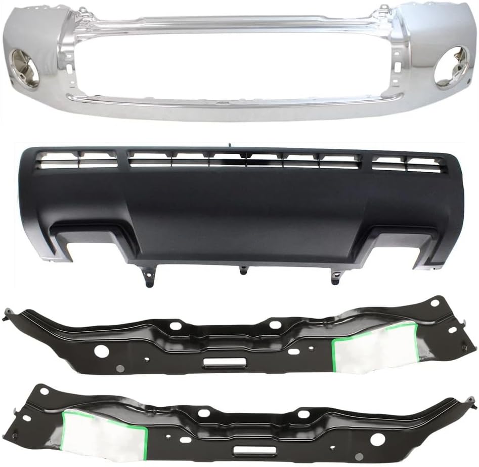 Front Bumper Steel Chrome With Park Assist Sensor Holes + Lower Valance Panel Textured + Outer Retainers Left & Right Side Direct Replacement Compatible With 2010-2013 Toyota Tundra
