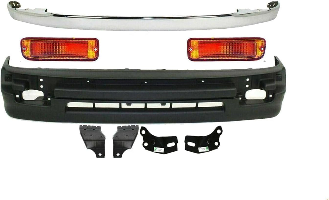 Front Bumper Cover Textured + Chrome Molding + Signal Lights + Bracket Set Of 4 Right Passenger And Left Driver Side Direct Replacement Compatible With Toyota Tacoma 1998-2000