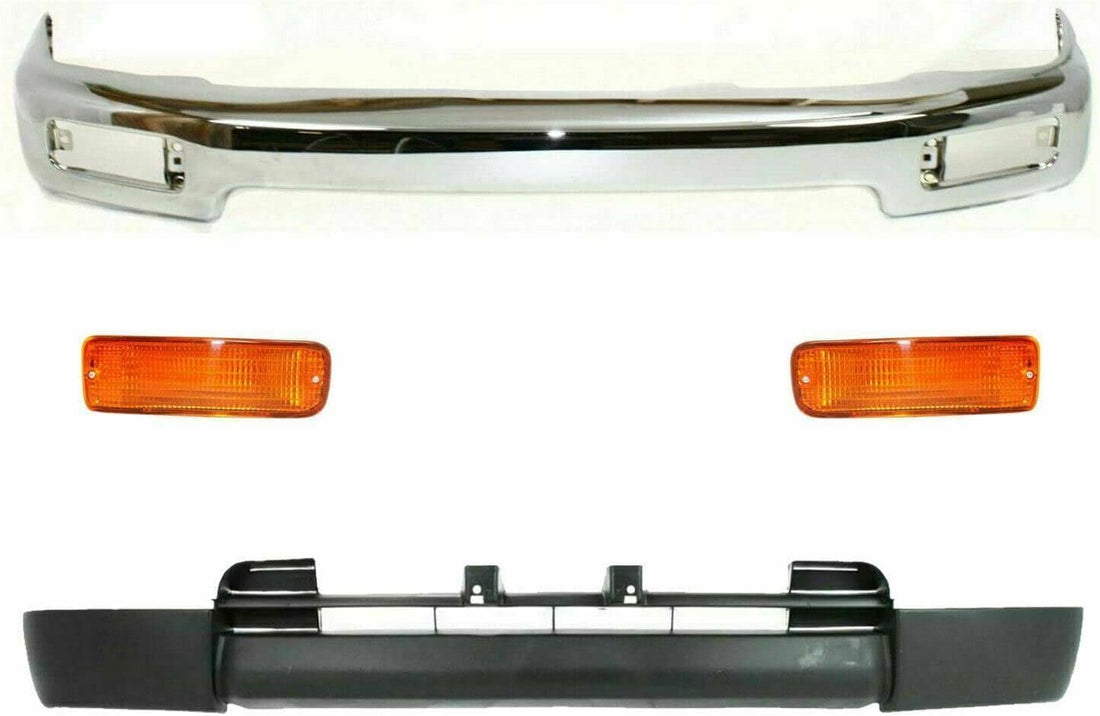 Front Bumper Chrome Steel + Lower Valance Panel Primed + Signal Lights Right Passenger & Left Driver Side Direct Replacement Compatible With Toyota 4Runner 1996-1998 TO1002162