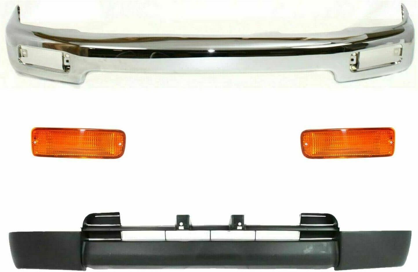 Front Bumper Chrome Steel + Lower Valance Panel Primed + Signal Lights Right Passenger & Left Driver Side Direct Replacement Compatible With Toyota 4Runner 1996-1998 TO1002162