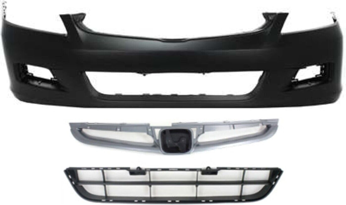 Front Bumper Cover + Upper Grille Primed + Lower Textured Direct Replacement Compatible With 2006-2007 Honda Accord HO1200179 HO1036101 HO1000235 04711SDLA90ZZ 71102SDAA00