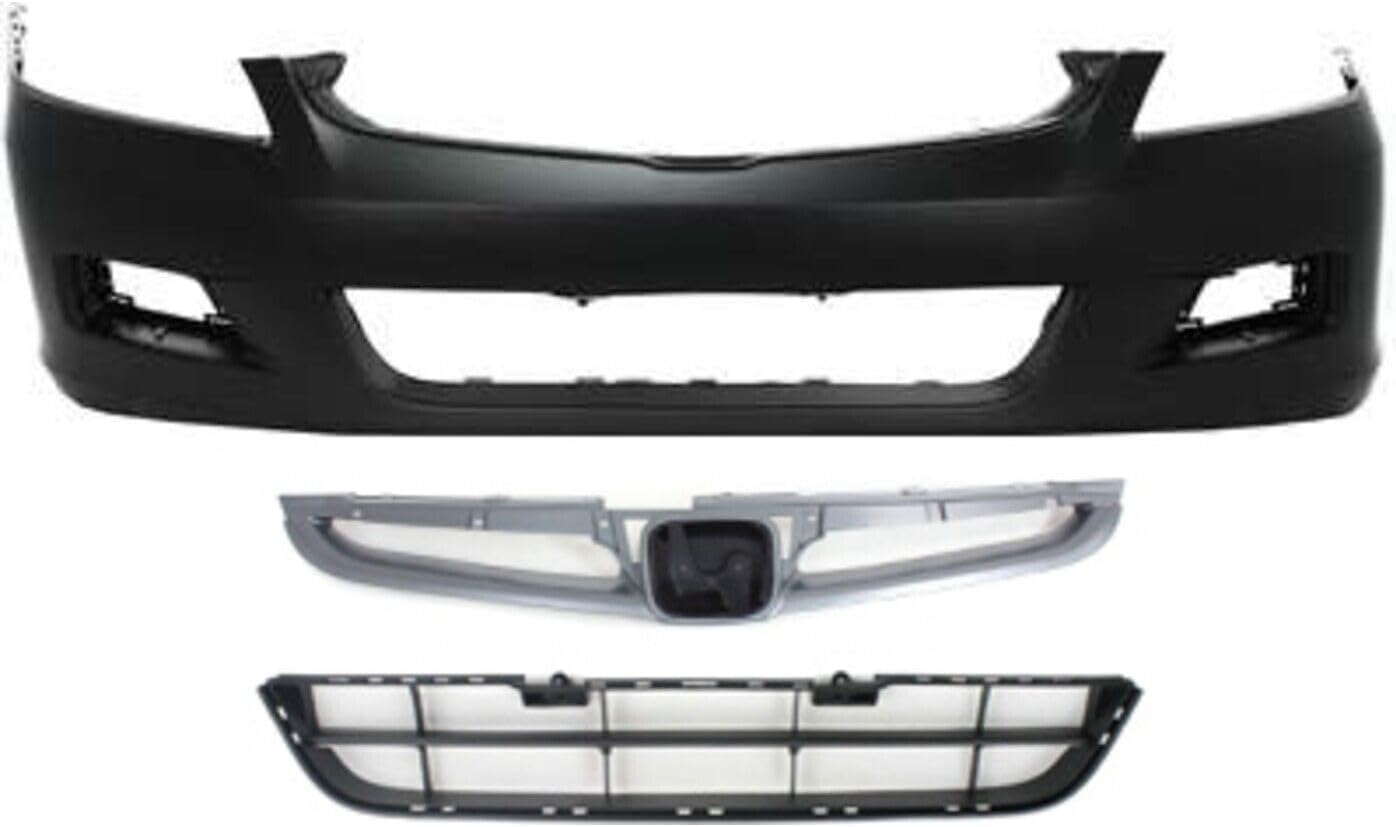 Front Bumper Cover + Upper Grille Primed + Lower Textured Direct Replacement Compatible With 2006-2007 Honda Accord HO1200179 HO1036101 HO1000235 04711SDLA90ZZ 71102SDAA00