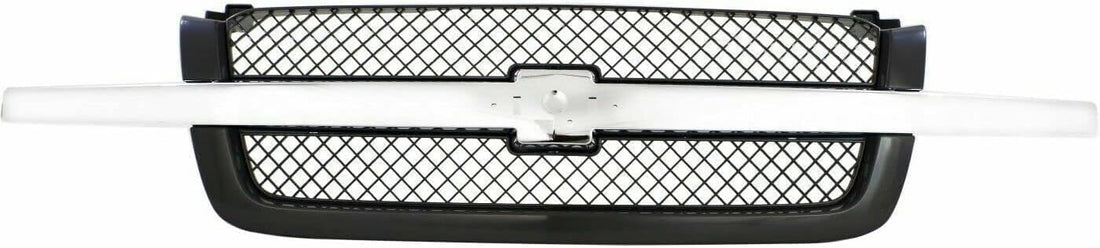 Front Grill Mesh Gray With Chrome Center Bar + Headlight Brackets Left Driver & Right Passenger Side Direct Replacement Compatible With 2003-2006 Chevrolet Silverado 1500 2500 3500