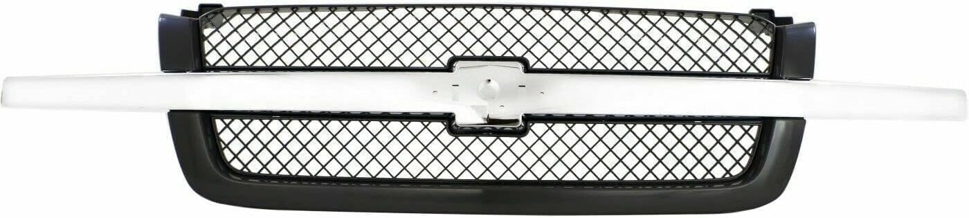 Front Grill Mesh Gray With Chrome Center Bar + Headlight Brackets Left Driver & Right Passenger Side Direct Replacement Compatible With 2003-2006 Chevrolet Silverado 1500 2500 3500