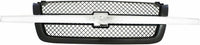 Front Grill Mesh Gray With Chrome Center Bar + Headlight Brackets Left Driver & Right Passenger Side Direct Replacement Compatible With 2003-2006 Chevrolet Silverado 1500 2500 3500