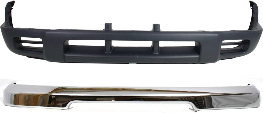 Front Bumper Chrome + Lower Valance Panel Primed Direct Replacement Compatible With 1998-2000 Nissan Frontier / 2000-2001 Xterra NI1002132 NI1095119 NI1095120 620149Z220