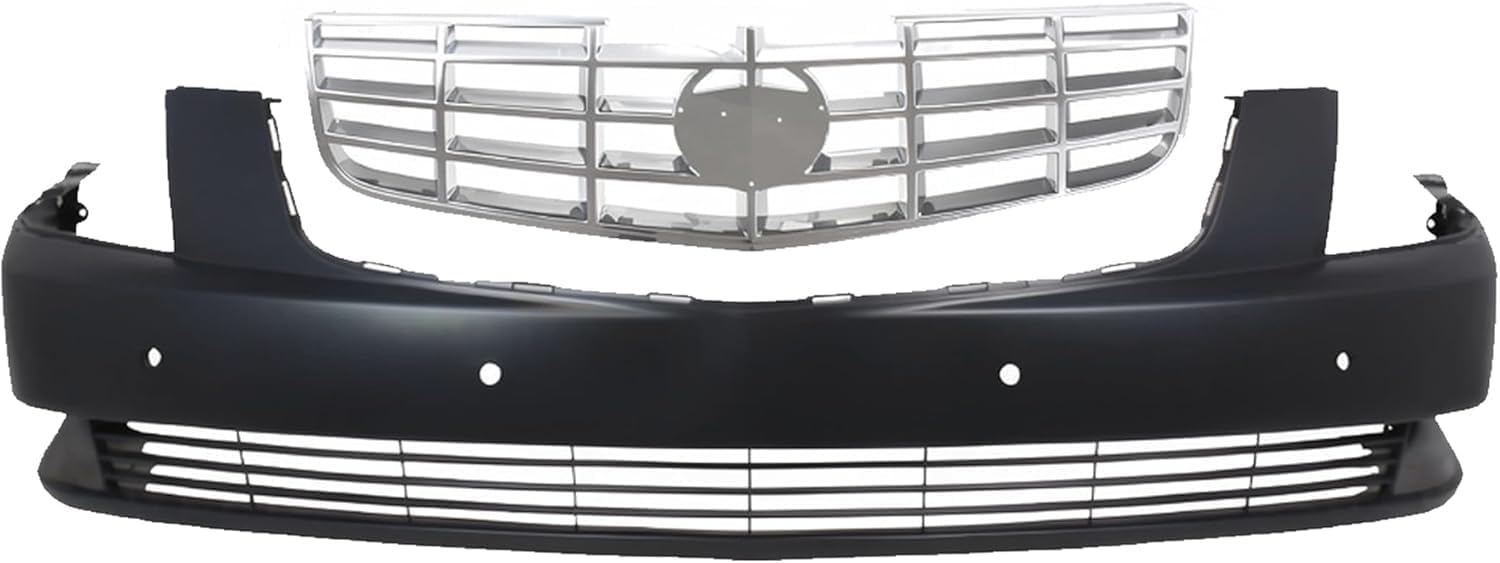 Front Bumper Cover Primed Plastic + Grille Chrome Shell and Insert + Chrome Molding + Fog Light Left & Right Side Direct Replacement Compatible With 2006-2011 Cadillac DTS