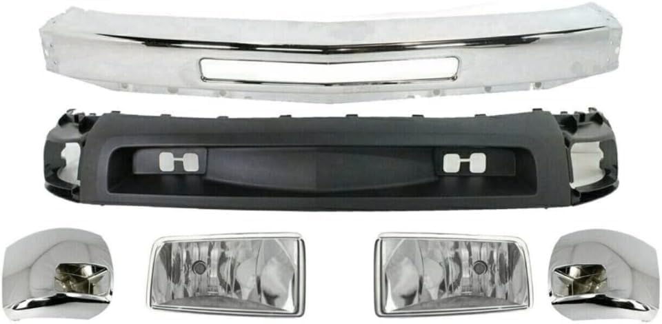 Front Bumper + End Caps Chrome + Lower Valance Textured + Fog Light Assembly Right & Left Side Direct Replacement Compatible With Chevrolet Silverado 2500HD 3500HD 2007-2010 GM1092202