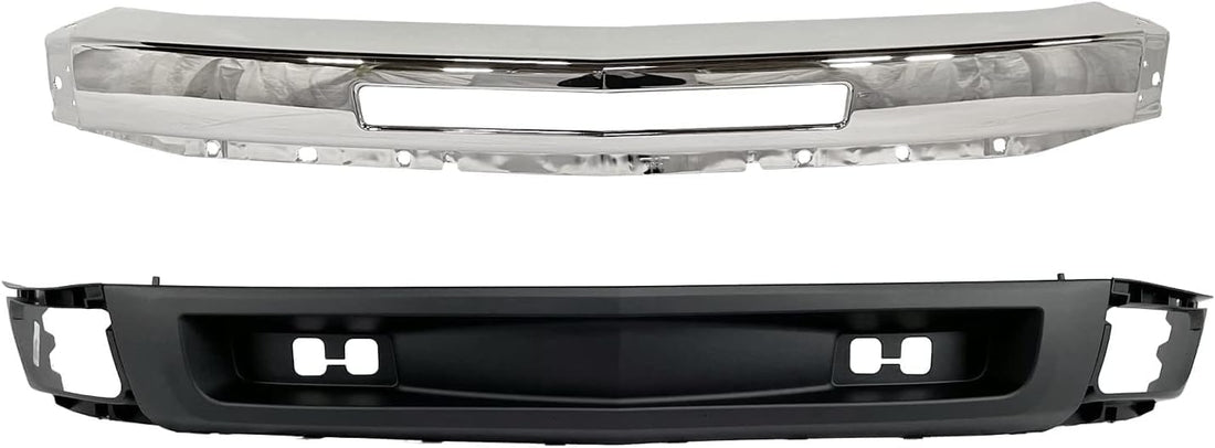 Front Bumper Impact Bar Chrome Steel + Lower Valance Air Deflector Textured with Tow Hook Holes Direct Replacement Compatible With 2007-2013 Chevrolet Silverado 1500 GM1092192