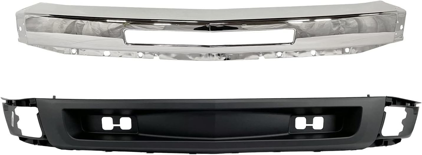 Front Bumper Impact Bar Chrome Steel + Lower Valance Air Deflector Textured with Tow Hook Holes Direct Replacement Compatible With 2007-2013 Chevrolet Silverado 1500 GM1092192
