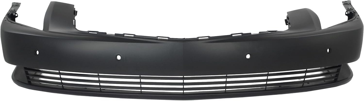 Front Bumper Cover Primed Plastic + Grille Chrome Shell and Insert + Fog Light Left Driver & Right Passenger Side Direct Replacement Compatible With 2006-2011 Cadillac DTS
