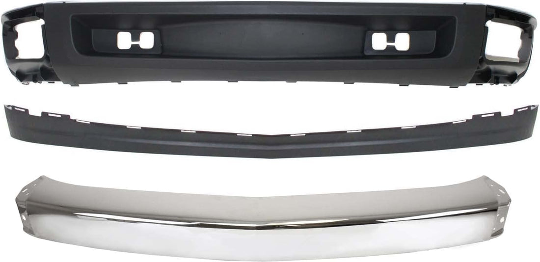 AUTOS PARTS PLUS Front Bumper Chrome Steel + Lower Valance Air Deflector + Extension Textured Direct Replacement Compatible With Chevrolet Silverado 1500 2007-2013 GM1092191 GM1002830 GM1092192