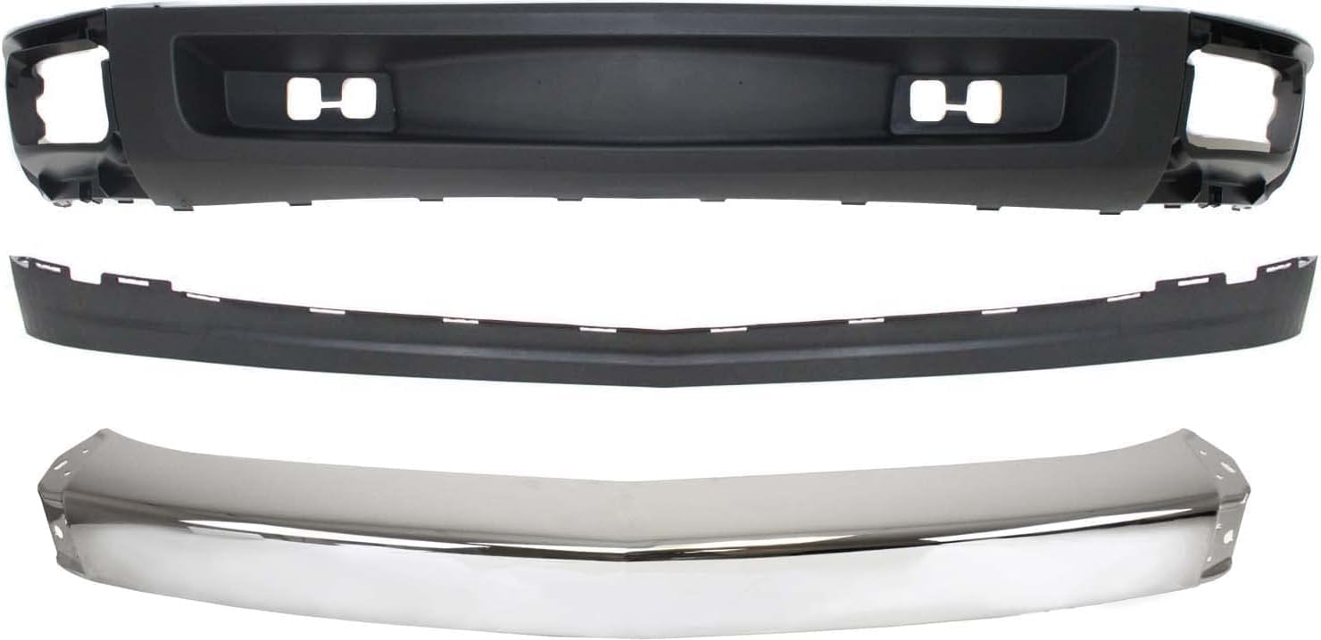 AUTOS PARTS PLUS Front Bumper Chrome Steel + Lower Valance Air Deflector + Extension Textured Direct Replacement Compatible With Chevrolet Silverado 1500 2007-2013 GM1092191 GM1002830 GM1092192