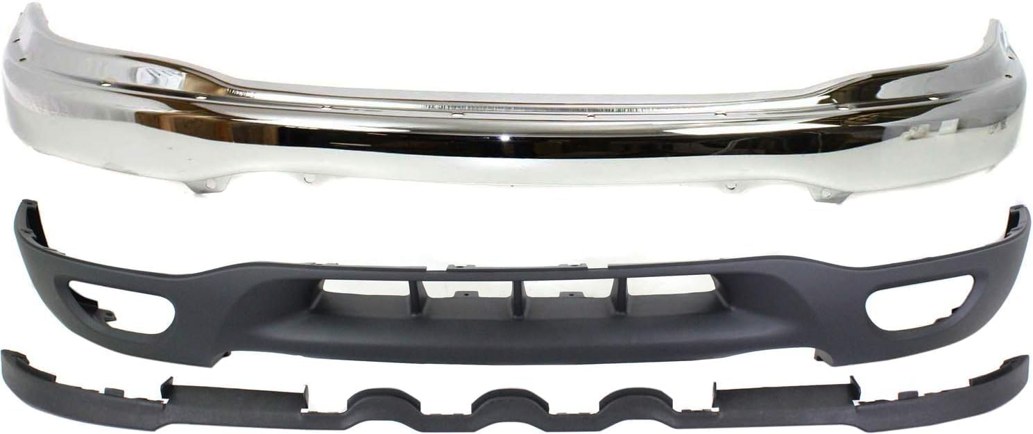 Front Bumper Chrome + Lower Valance Textured + Brackets Left Driver & Right Passenger Side Direct Replacement Compatible With 1999-2002 Ford Expedition / 1999-2003 F-150 FO1067129