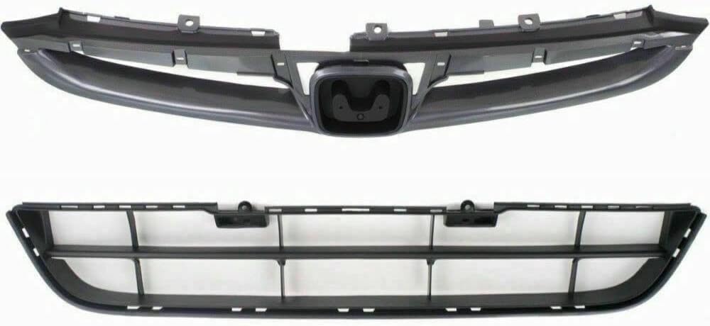 Front Upper Textured + Lower Primed Grille + Chrome Molding Direct Replacement Compatible With 2006-2007 Honda Accord HO1200179 HO1210118 HO1036101 71121SDAA10ZA 71122SDAA10