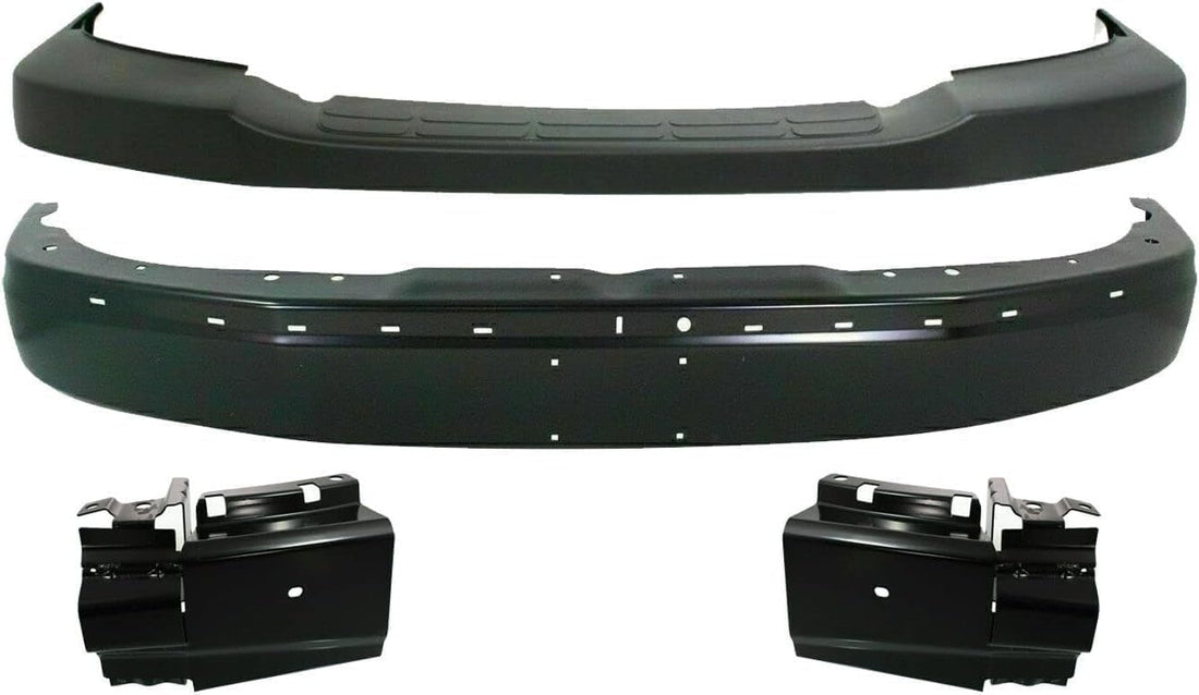 Front Bumper Face Bar Primed Steel + Upper Cover Textured + Brackets Left Driver & Right Passenger Side Direct Replacement Compatible With 2003-2023 Chevrolet Express/GMC Savana Van