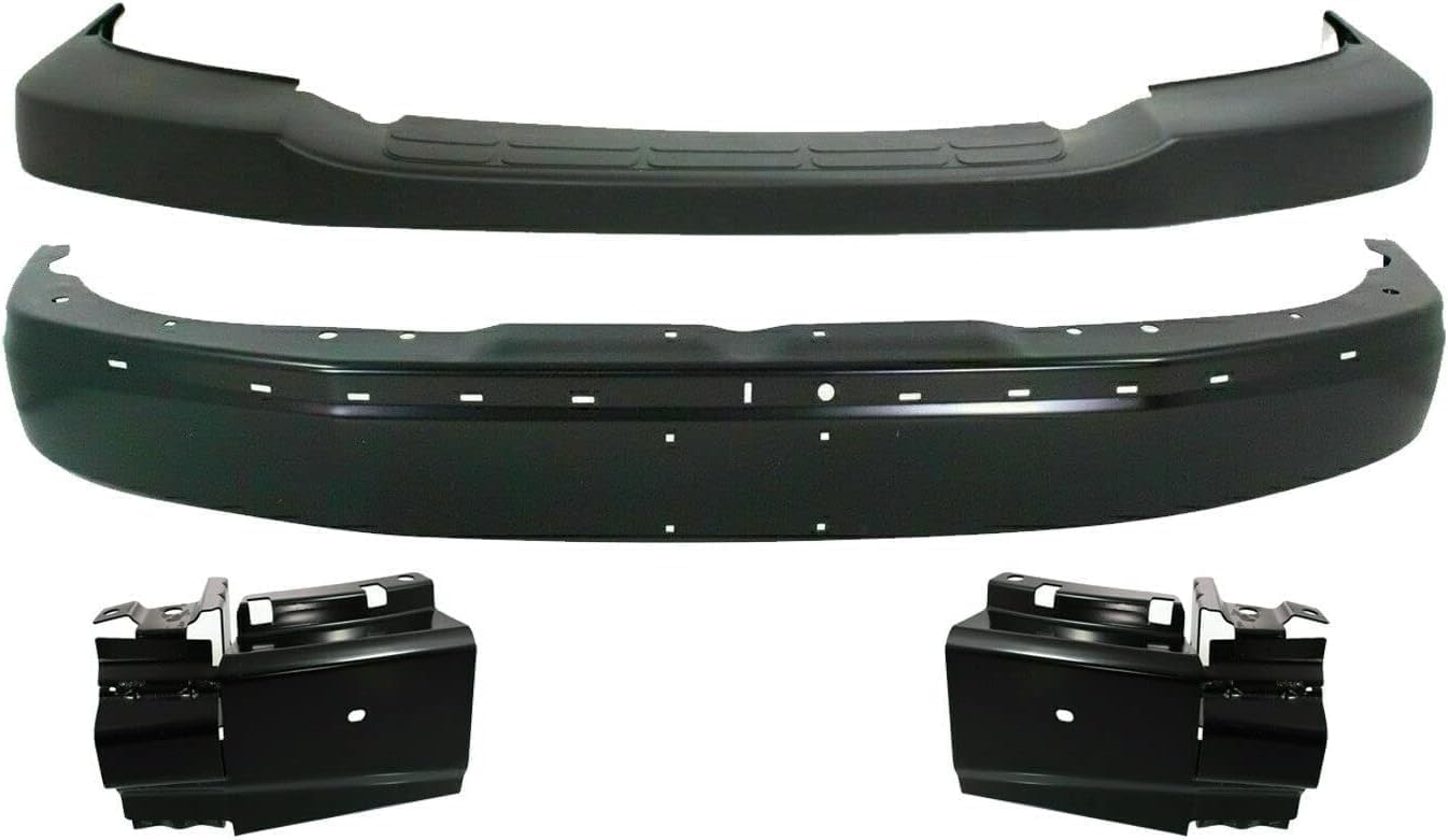 Front Bumper Face Bar Primed Steel + Upper Cover Textured + Brackets Left Driver & Right Passenger Side Direct Replacement Compatible With 2003-2023 Chevrolet Express/GMC Savana Van
