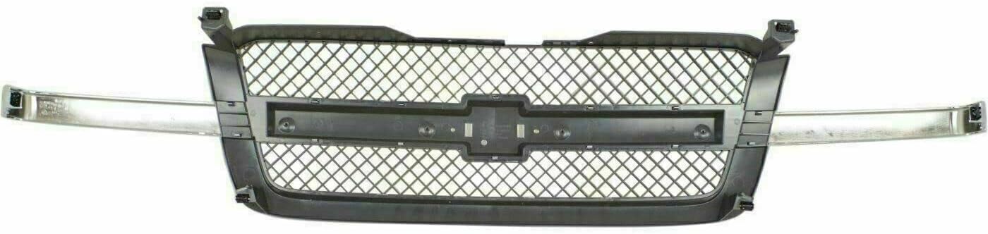 Front Grille Mesh Gray With Chrome Center Bar Direct Replacement Compatible With 2003-2006 Chevrolet Silverado GM1200489 19168629
