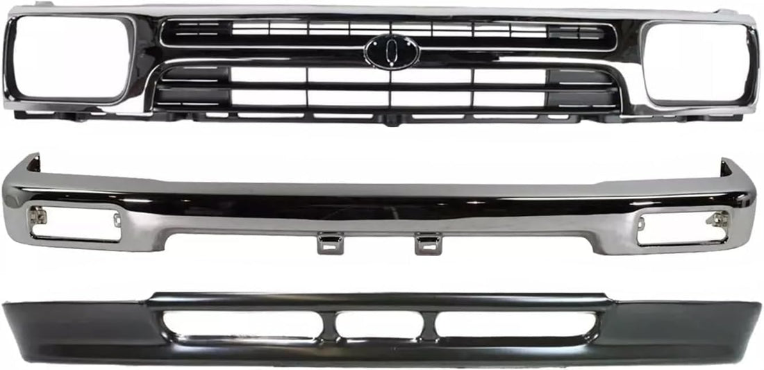Front Bumper Chrome Steel + Lower Valance Primed + Grille Direct Replacement Compatible With 1992-1995 Toyota Pickup 2WD TO1002102 TO1200128 TO1095104 5210135070 5311135070 5391135010