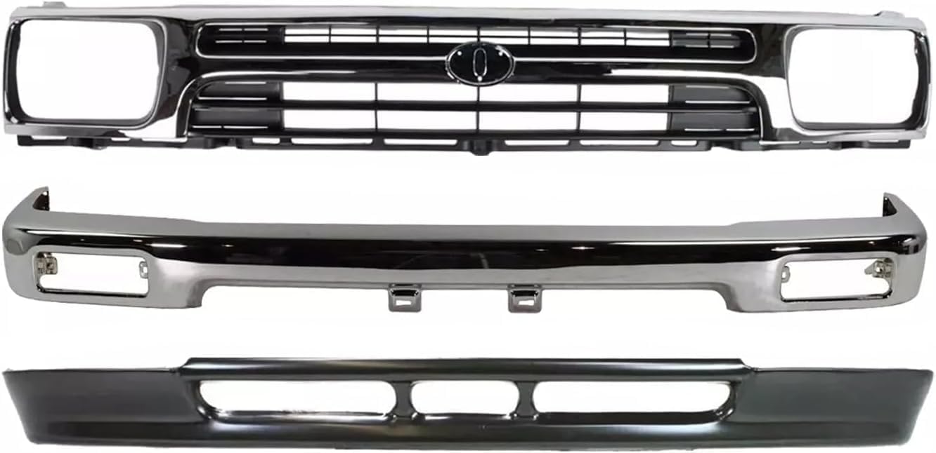 Front Bumper Chrome Steel + Lower Valance Primed + Grille Direct Replacement Compatible With 1992-1995 Toyota Pickup 2WD TO1002102 TO1200128 TO1095104 5210135070 5311135070 5391135010