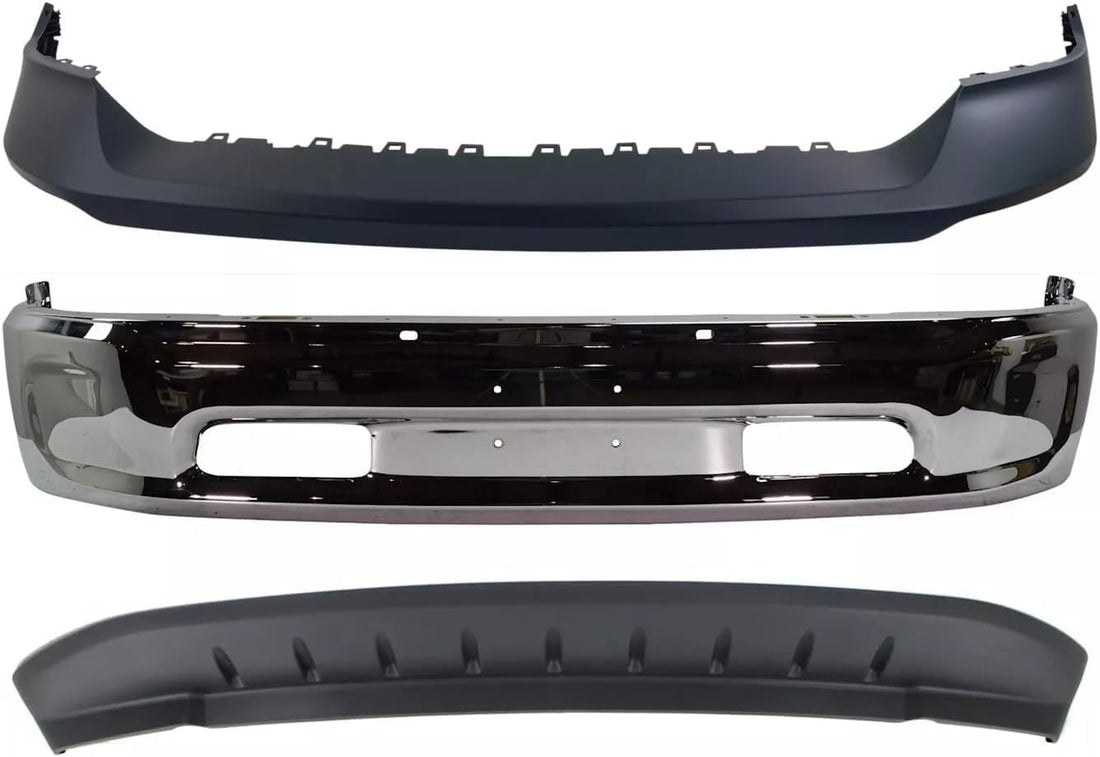 Front Bumper Chrome Steel Without Fog Light Holes + Upper Cover Primed + Lower Valance Air Dam Textured Direct Replacement Compatible With 2013-2018 Ram 1500 CH1014108 CH1002397