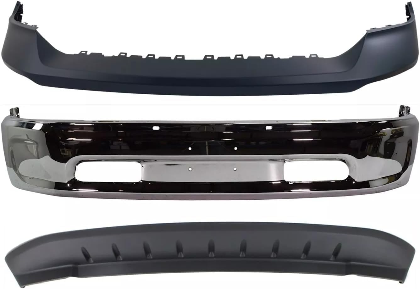 Front Bumper Chrome Steel Without Fog Light Holes + Upper Cover Primed + Lower Valance Air Dam Textured Direct Replacement Compatible With 2013-2018 Ram 1500 CH1014108 CH1002397