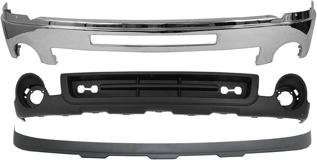 Front Bumper Chrome With Air Hole + Lower Valance Air Deflector & Extension Textured Direct Replacement Compatible With 2007-2013 GMC Sierra 1500 GM1002834 GM1015100 GM10922