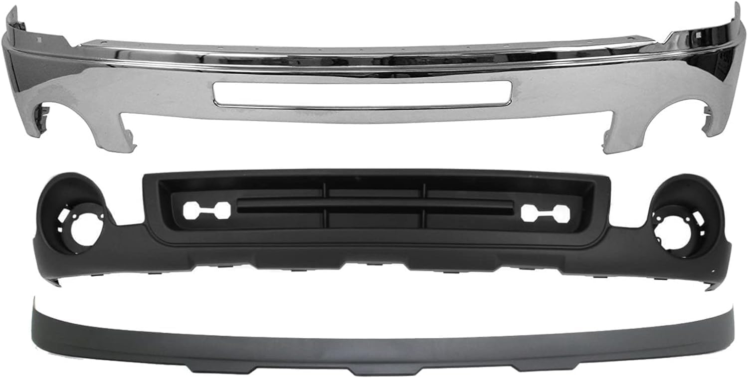 Front Bumper Chrome With Air Hole + Lower Valance Air Deflector & Extension Textured Direct Replacement Compatible With 2007-2013 GMC Sierra 1500 GM1002834 GM1015100 GM10922