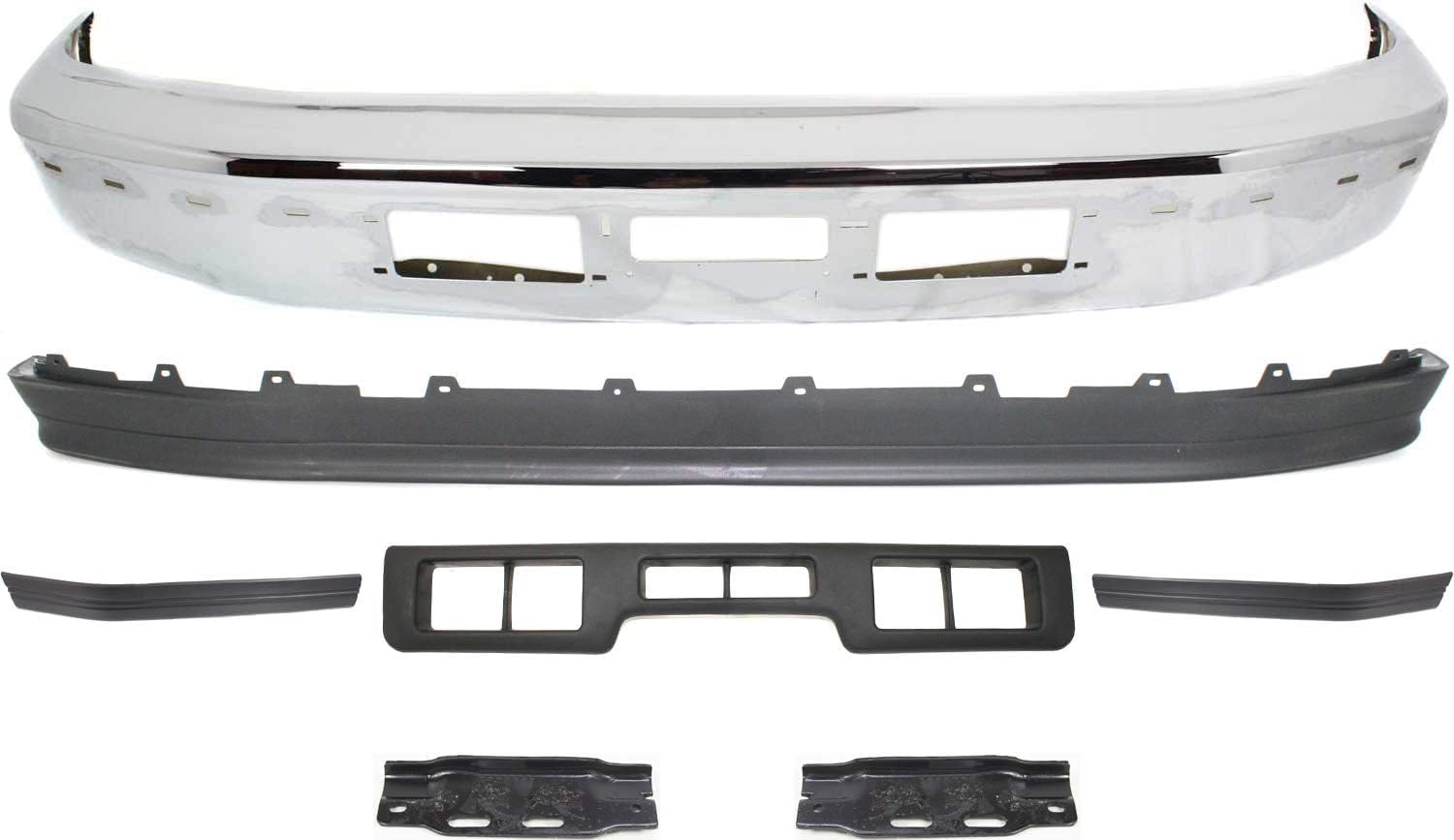Front Bumper Chrome Steel + Lower Valance Panel + Center Moldings + Brackets Left Driver & Right Passenger Side Direct Replacement Compatible With 1992-1996 Ford Bronco/F-Series