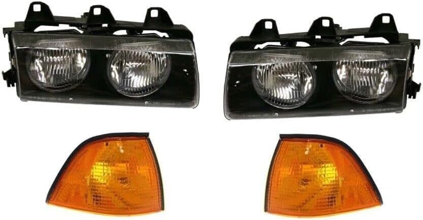 Front Headlights Assembly + Corner Lamps Lens and Housing Right Passenger & Left Driver Side Direct Replacement Compatible With BMW 3-Series 1992-1999 BM2503101 BM2502101 BM2520107