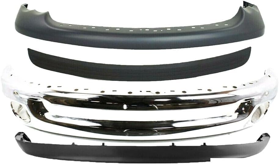 Front Bumper Chrome Steel + Upper Cover Primed + Lower Valance Textured + Step Pad Molding Direct Replacement Compatible With 2002-2005 Dodge Ram 1500 2500 3500 CH1002383 CH1000338