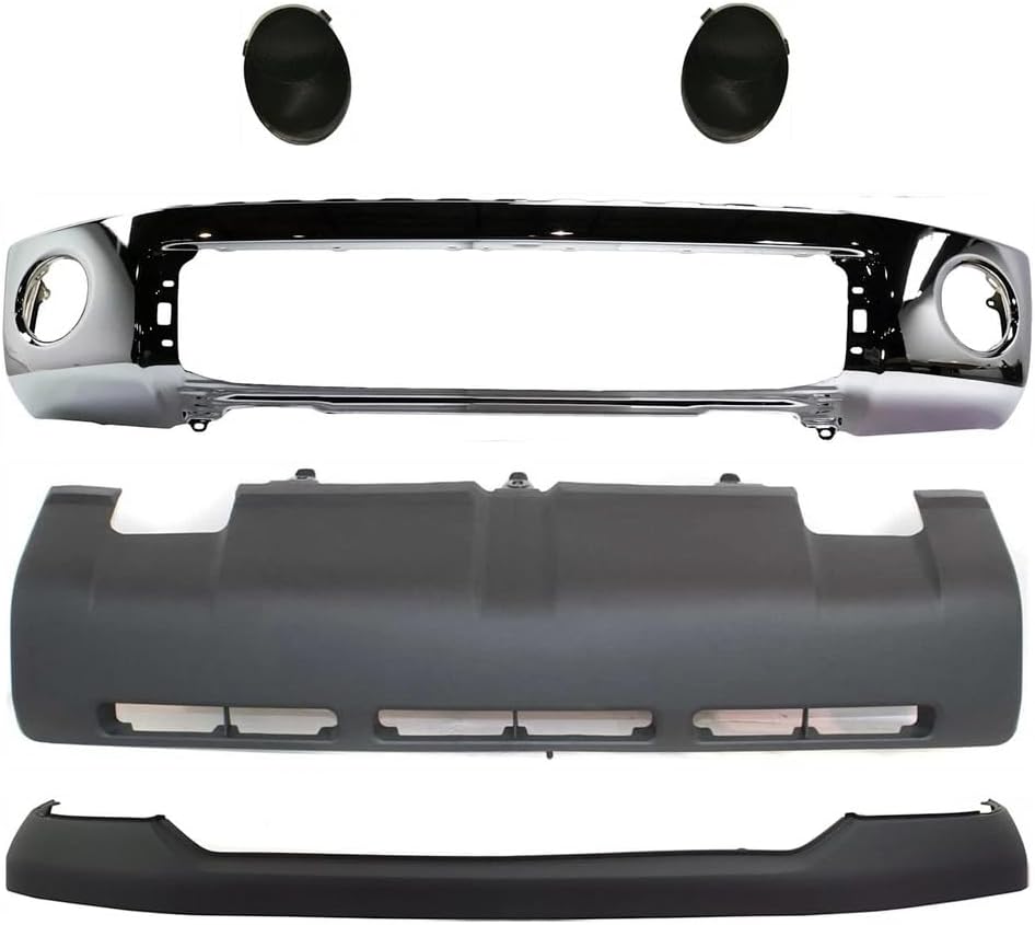 Front Bumper Face Bar Chrome Steel + Upper Cover + Lower Valance Panel + Fog Lamp Covers Left Driver & Right Passenger Side Direct Replacement Compatible With 2007-2009 Toyota Tundra