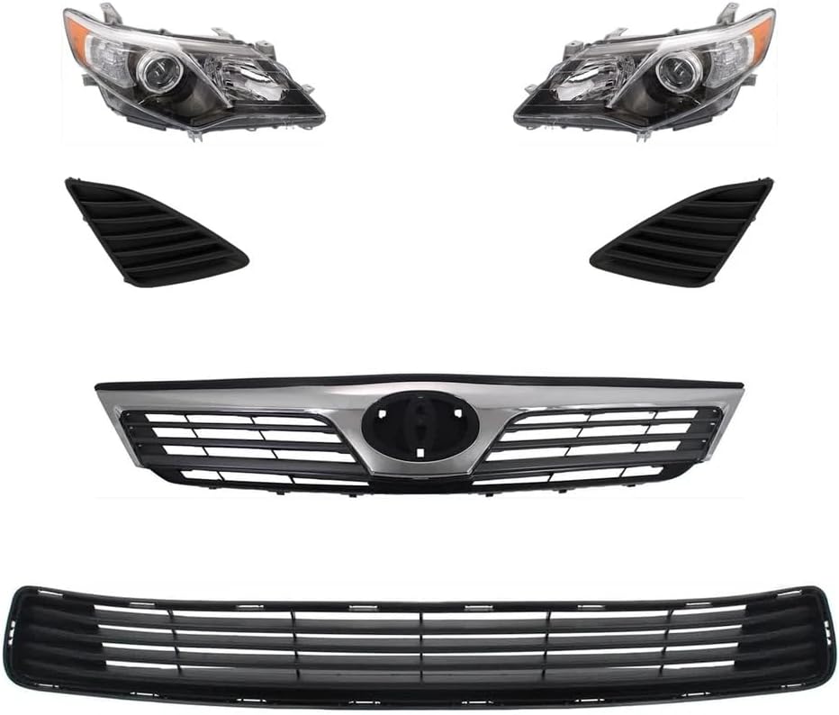 Front Upper & Lower Grille + Headlights + Fog Light Covers Primed Left Driver & Right Passenger Side Direct Replacement Compatible With 2012-2014 Toyota Camry TO1200344 TO1036128