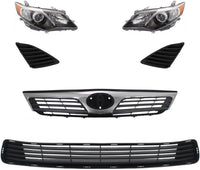 Front Upper & Lower Grille + Headlights + Fog Light Covers Primed Left Driver & Right Passenger Side Direct Replacement Compatible With 2012-2014 Toyota Camry TO1200344 TO1036128