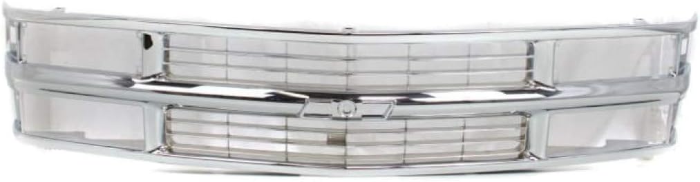 Front Grille Chrome Shell & Cross Bar Insert With Dual Beam Headlamp Direct Replacement Compatible With 1994-2000 Chevrolet / 1994-1999 Suburban C/K Series GM1200463