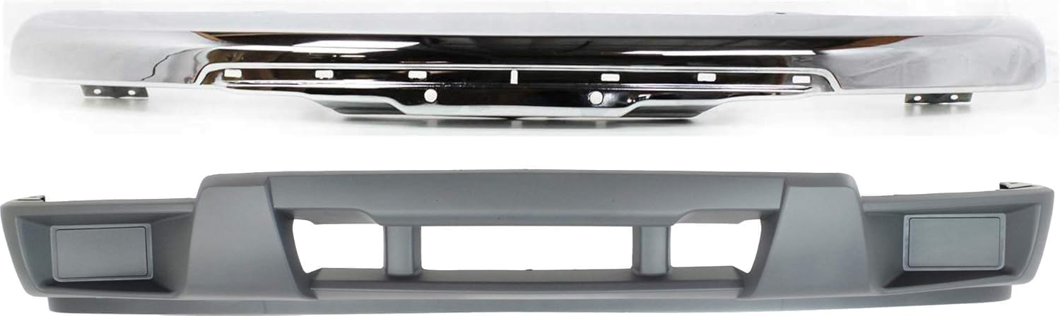 Front Bumper Chrome Steel with Brackets + Lower Valance Primed with Tow Hook & Without Fog Light Holes Direct Replacement For 2004-2012 Chevrolet Colorado/GMC Canyon GM1000723
