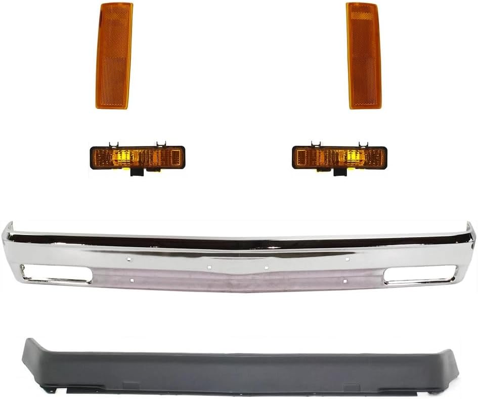 Front Bumper Chrome + Lower Valance Air Deflector + Signal Lights + Corner Lamps Lens And Housing Right & Left Side Direct Replacement Compatible With 1982-1990 GMC S15 / Chevy S10